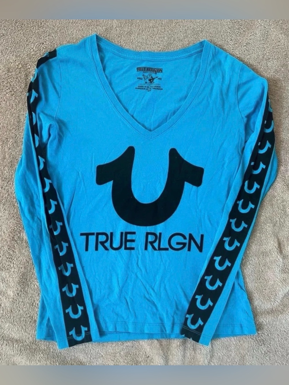 True Religion Blue Long Sleeve V-Neck Logo Tee with Black Accents